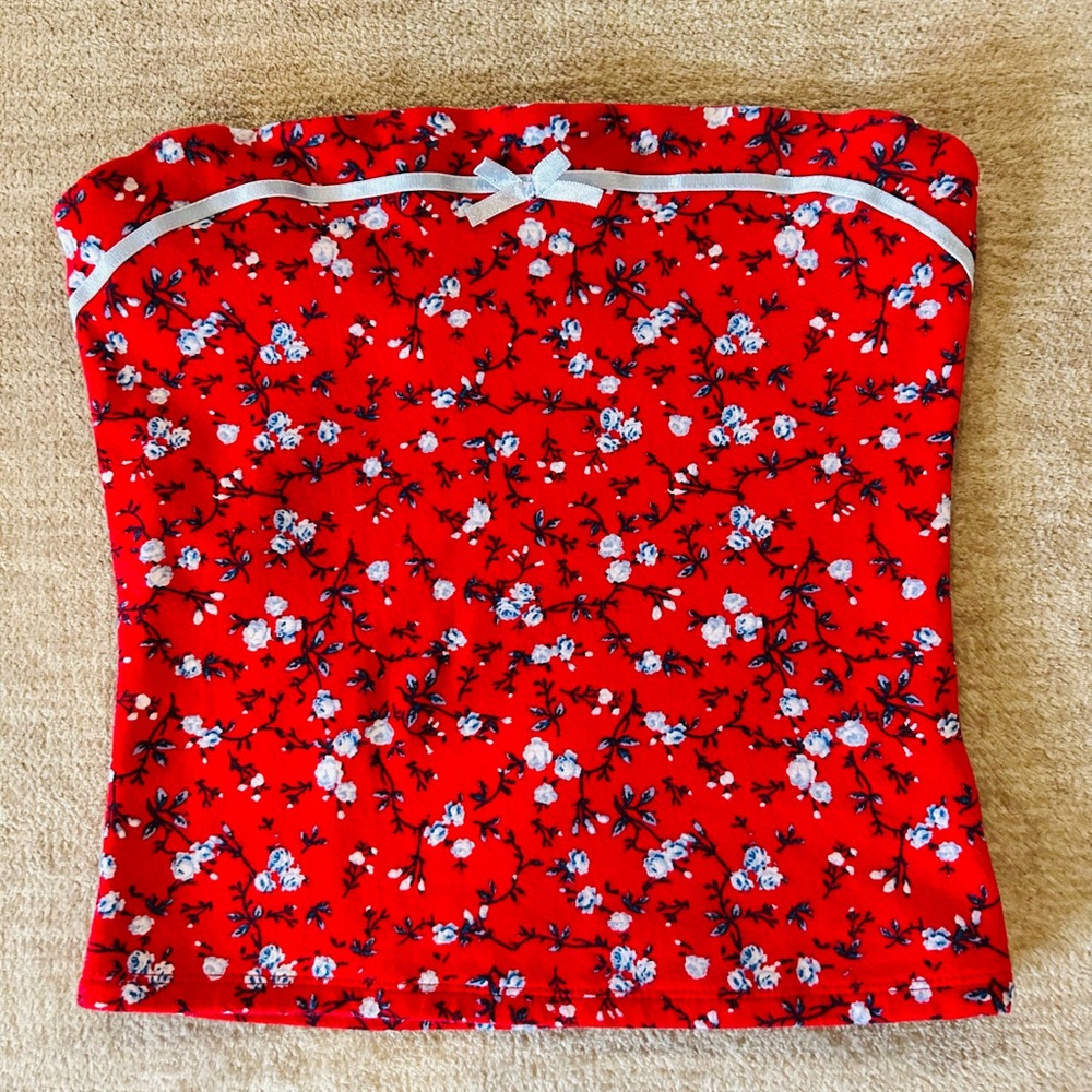 Madden Girl Red Floral Tube Top | Juniors Small | Strapless Summer Top